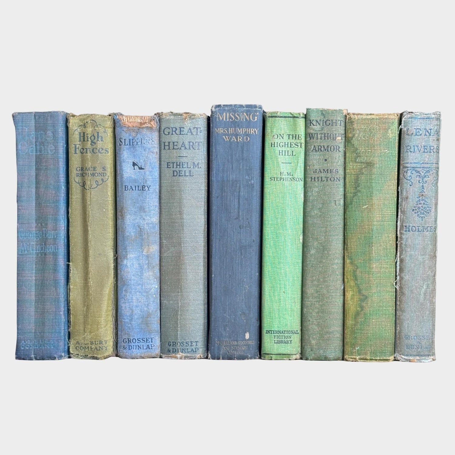 Antique Shabby Blue and Green Distressed Books for Display, Handmade Decor - Pretty Old Books
