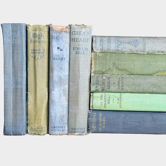 Antique Shabby Blue and Green Distressed Books for Display, Handmade Decor - Pretty Old Books