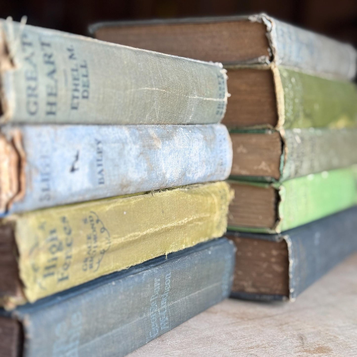 Antique Shabby Blue and Green Distressed Books for Display, Handmade Decor - Pretty Old Books