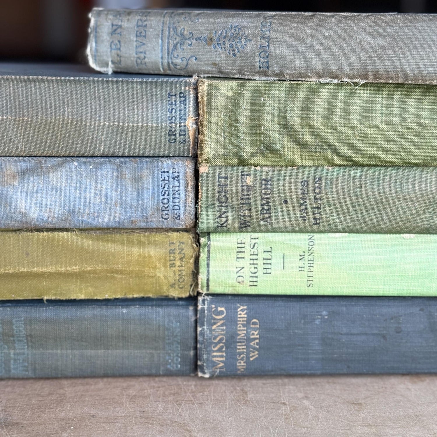 Antique Shabby Blue and Green Distressed Books for Display, Handmade Decor - Pretty Old Books