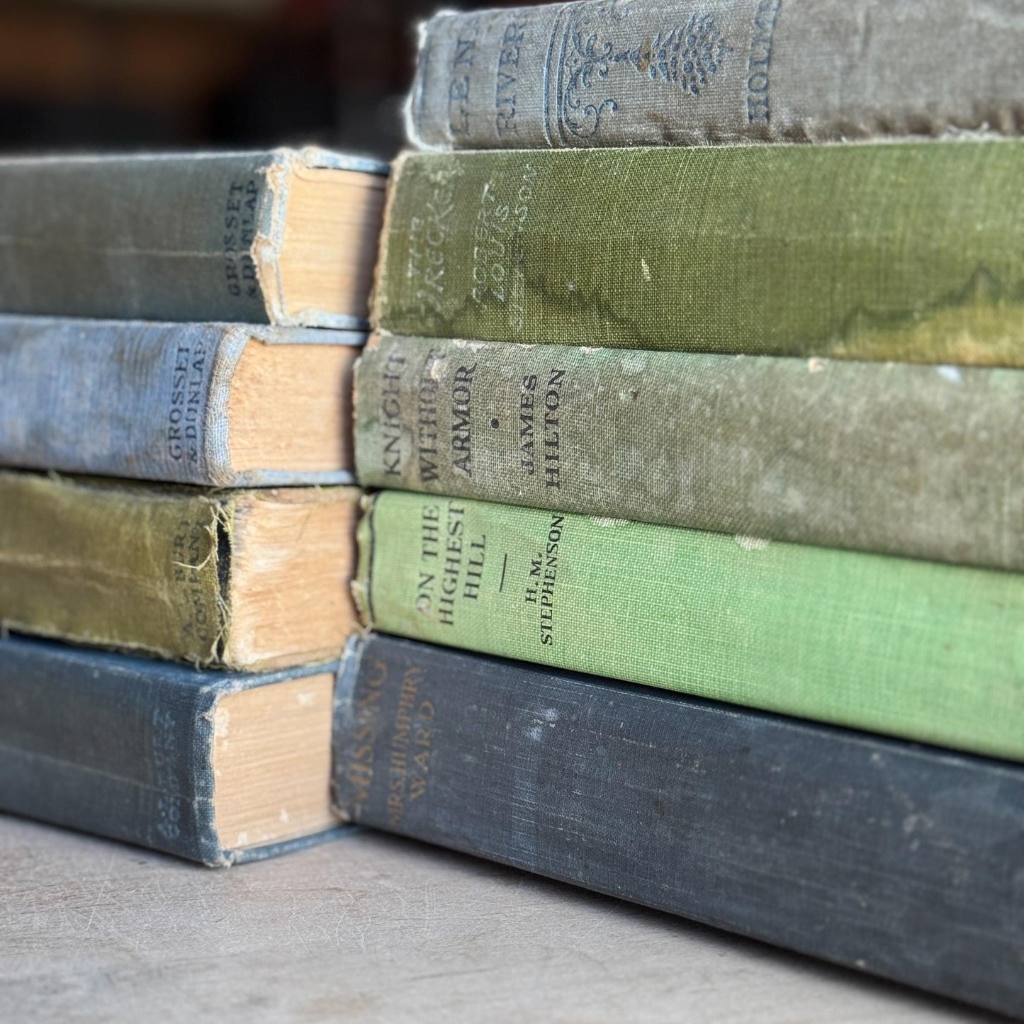 Antique Shabby Blue and Green Distressed Books for Display, Handmade Decor - Pretty Old Books