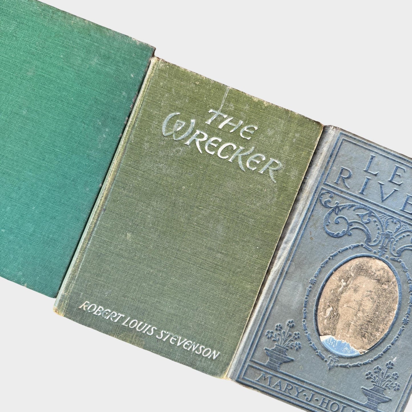 Antique Shabby Blue and Green Distressed Books for Display, Handmade Decor - Pretty Old Books