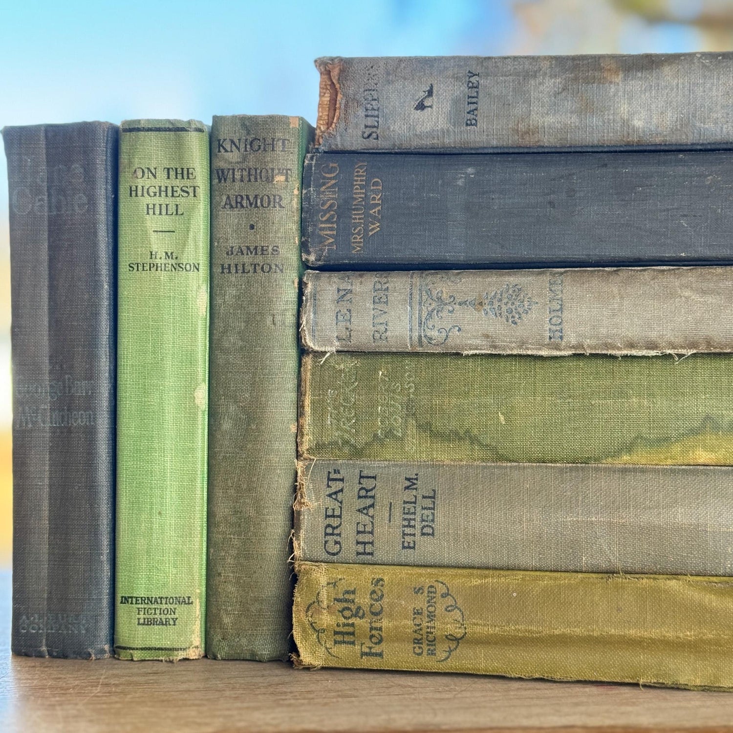 Antique Shabby Blue and Green Distressed Books for Display, Handmade Decor - Pretty Old Books