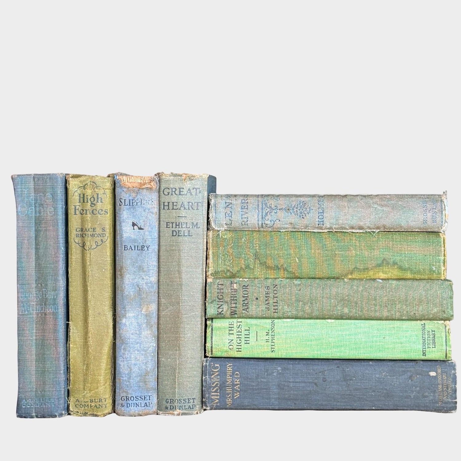 Antique Shabby Blue and Green Distressed Books for Display, Handmade Decor - Pretty Old Books