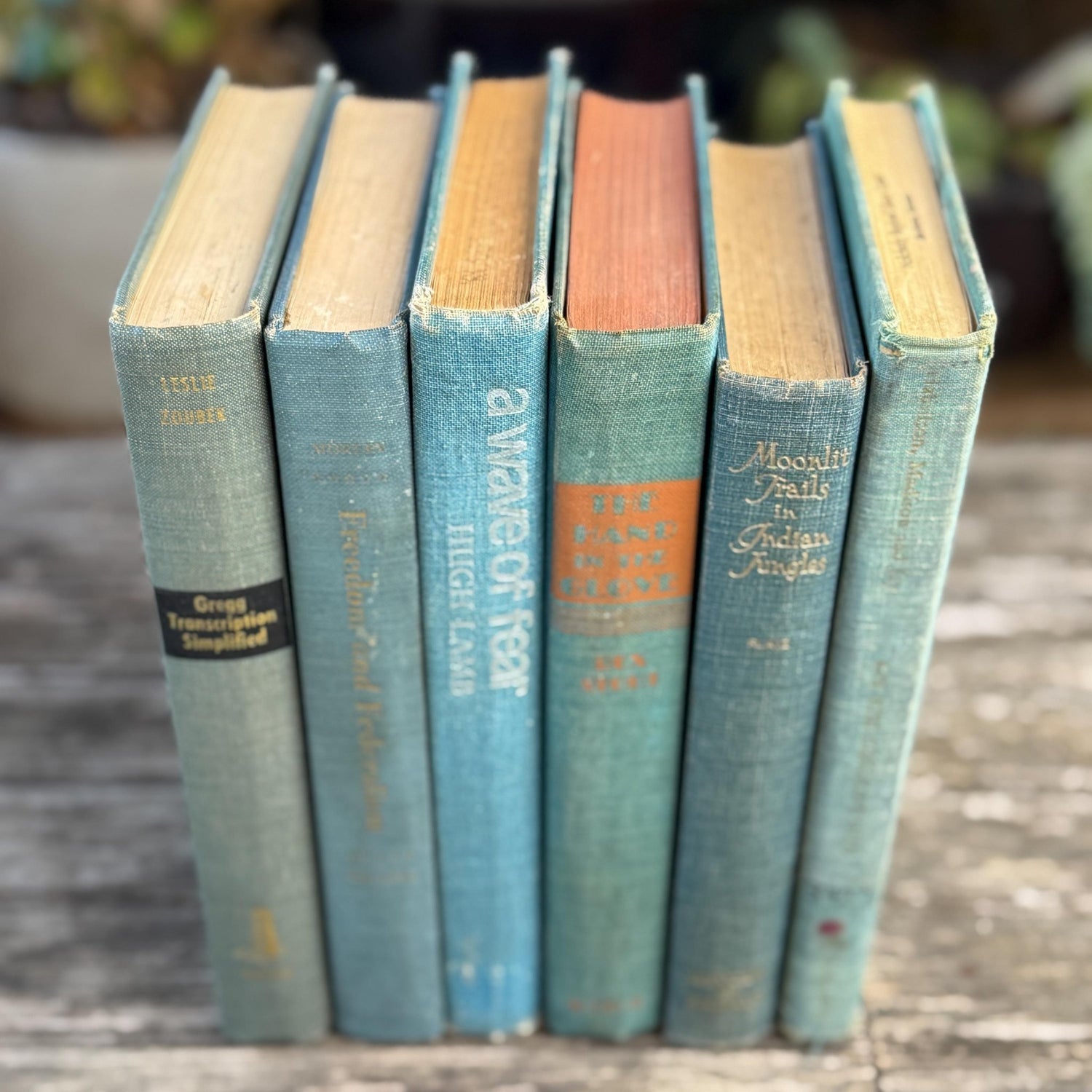 Aqua and Denim Blue Vintage Book Stack for Shelf Styling and Decorating - Pretty Old Books