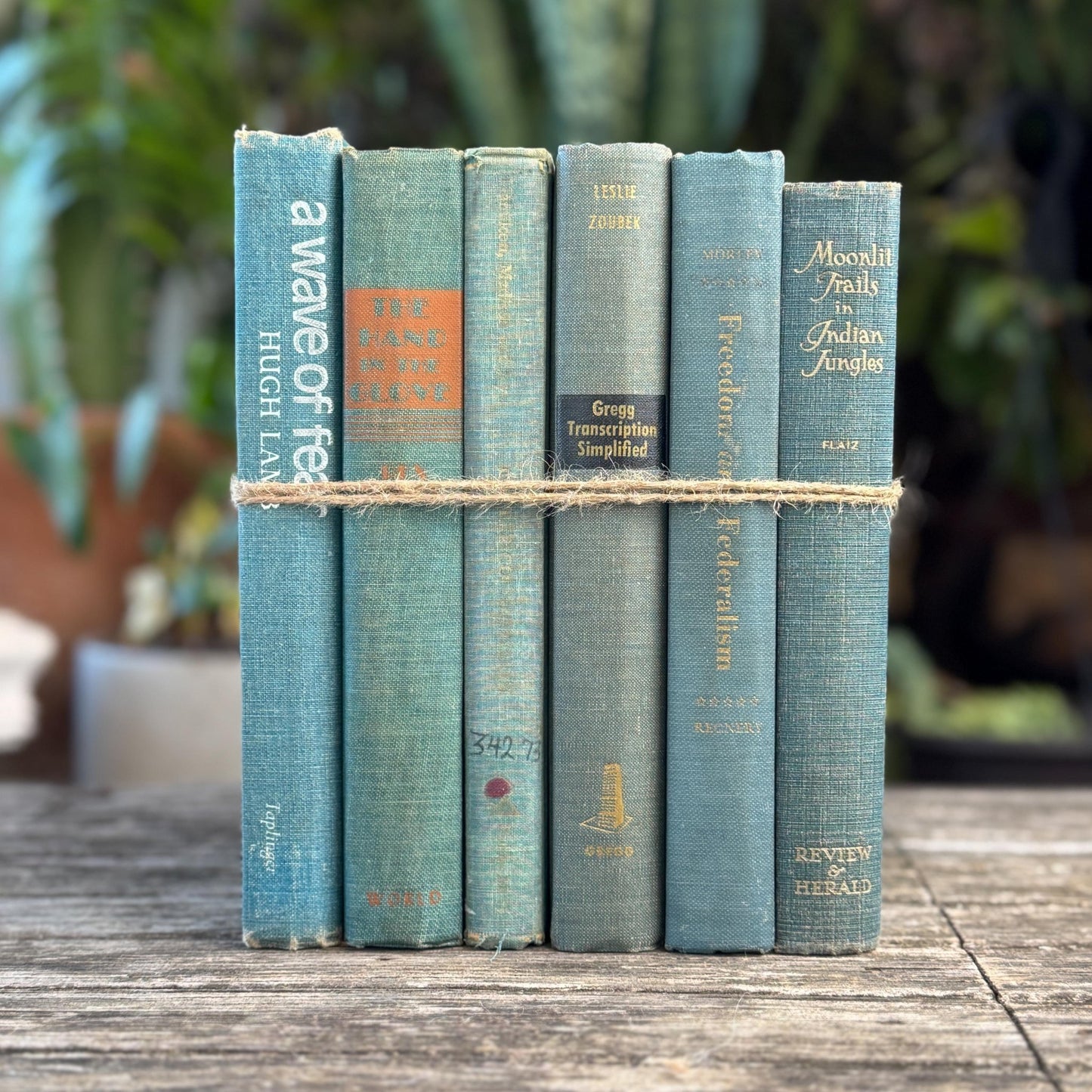 Aqua and Denim Blue Vintage Book Stack for Shelf Styling and Decorating - Pretty Old Books