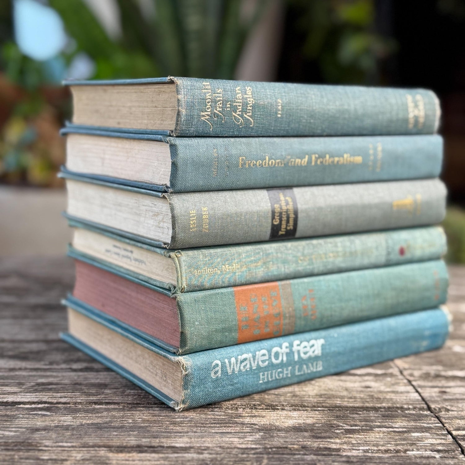 Aqua and Denim Blue Vintage Book Stack for Shelf Styling and Decorating - Pretty Old Books