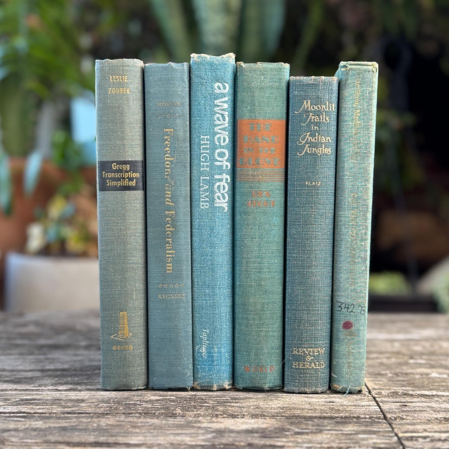 Aqua and Denim Blue Vintage Book Stack for Shelf Styling and Decorating - Pretty Old Books