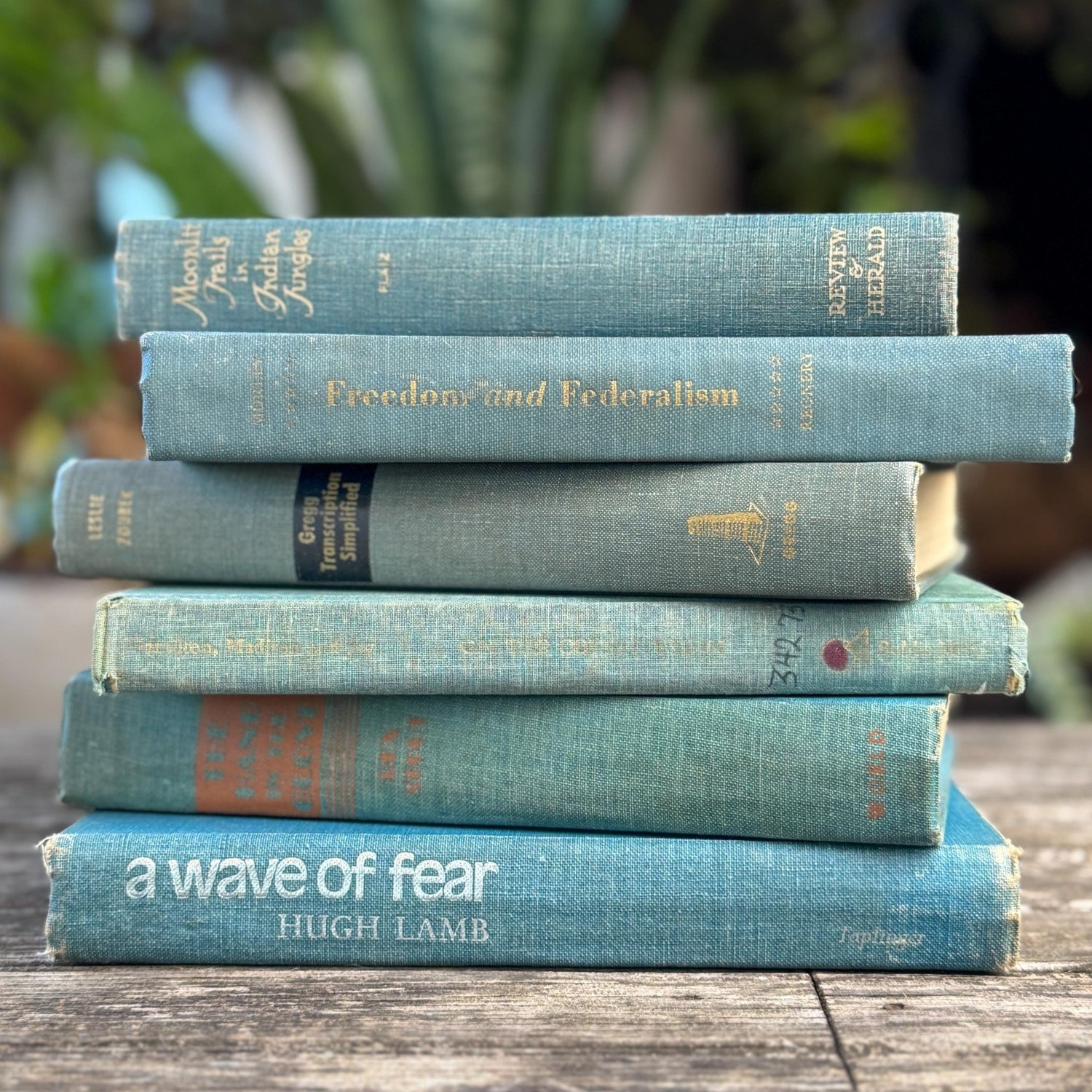 Aqua and Denim Blue Vintage Book Stack for Shelf Styling and Decorating - Pretty Old Books