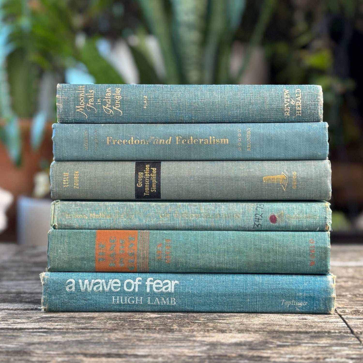 Aqua and Denim Blue Vintage Book Stack for Shelf Styling and Decorating - Pretty Old Books