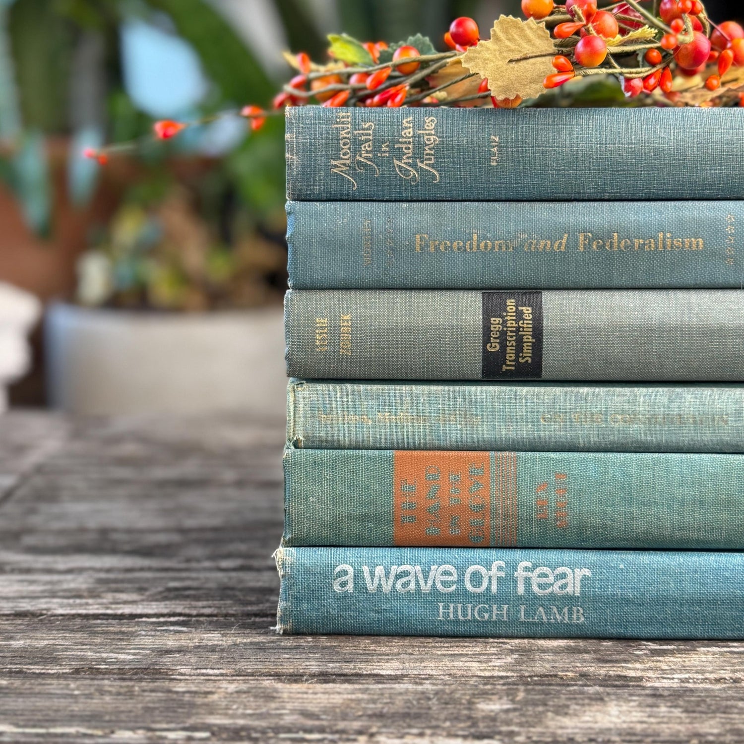 Aqua and Denim Blue Vintage Book Stack for Shelf Styling and Decorating - Pretty Old Books