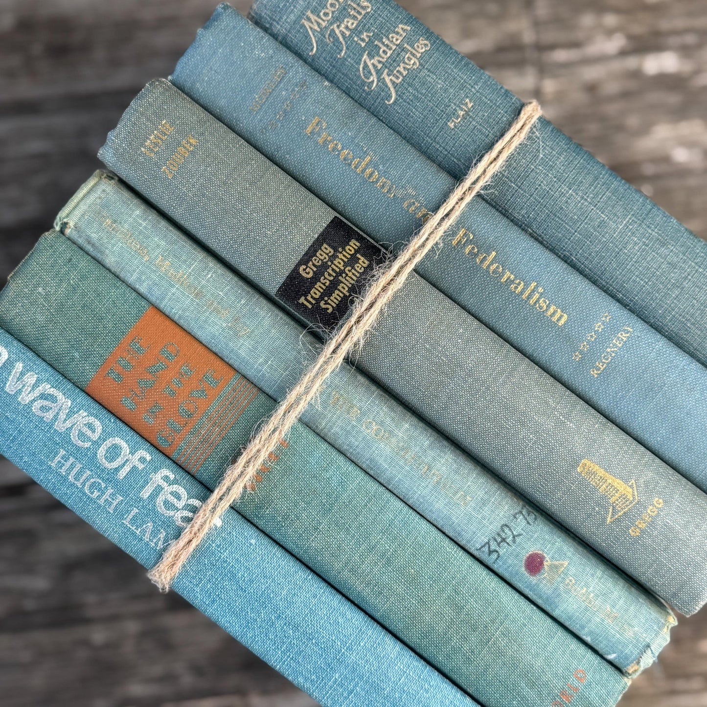 Aqua and Denim Blue Vintage Book Stack for Shelf Styling and Decorating - Pretty Old Books