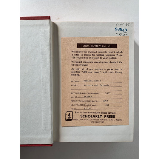 Authors and Friends, Annie Fields, Literary Biographies, Vintage 1969 Reprint - Pretty Old Books