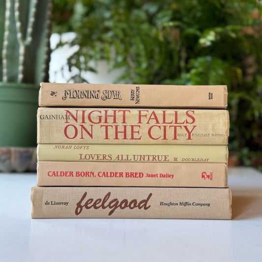 Beige and Red 1970s and 80s Vintage Books for Retro Shelf Styling - Pretty Old Books