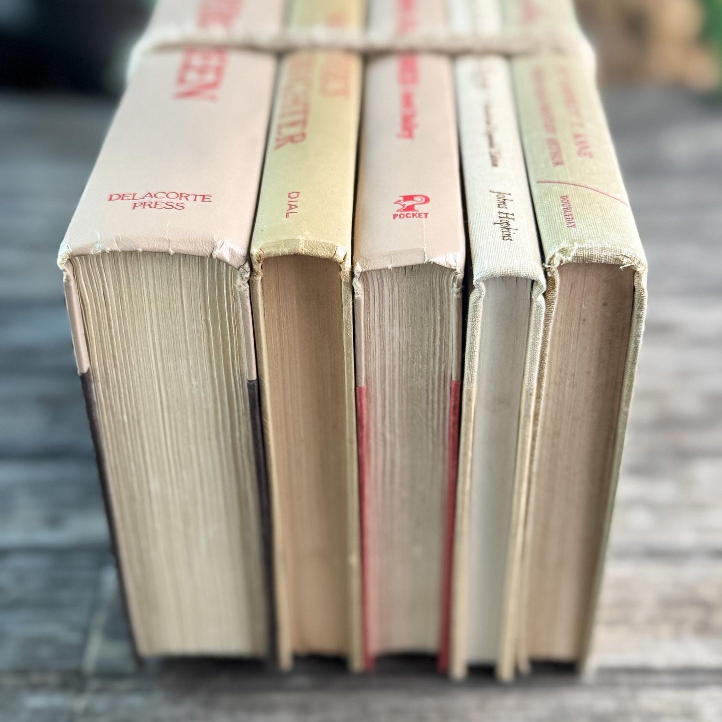 Beige and Red 1970s Vintage Books for Retro Shelf Styling - Pretty Old Books