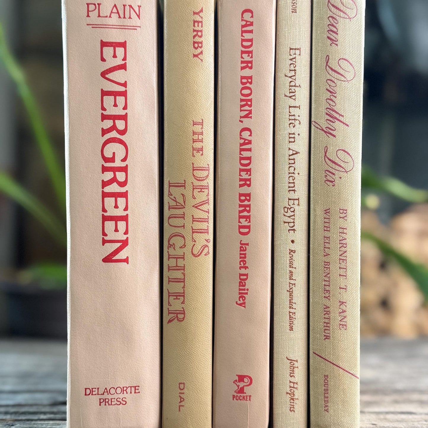 Beige and Red 1970s Vintage Books for Retro Shelf Styling - Pretty Old Books