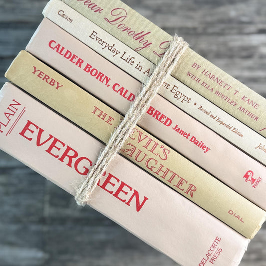 Beige and Red 1970s Vintage Books for Retro Shelf Styling - Pretty Old Books