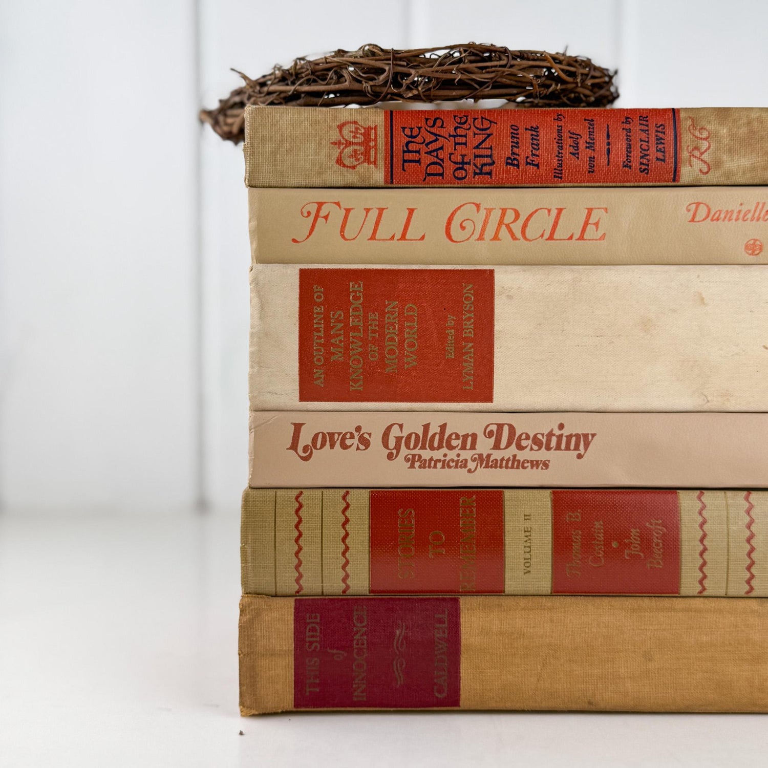 Beige and Rust Vintage Book Bundle for Shelf Styling - Pretty Old Books