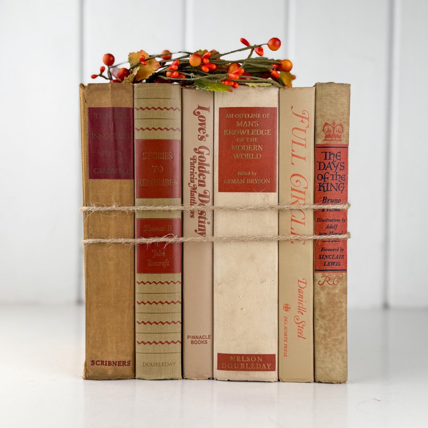 Beige and Rust Vintage Book Bundle for Shelf Styling - Pretty Old Books