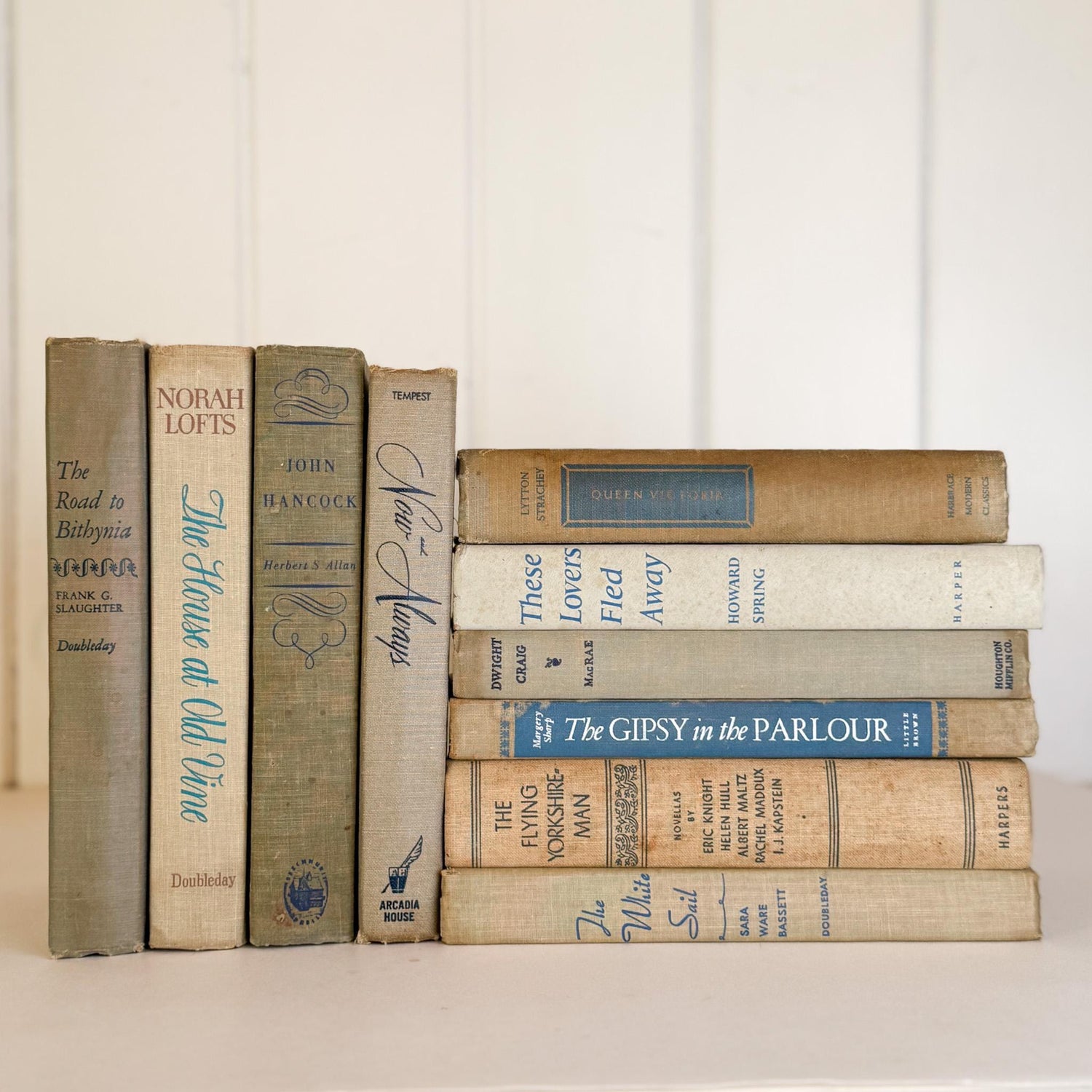Beige, Gray, and Blue Decorative Books for Shelf Styling - Pretty Old Books