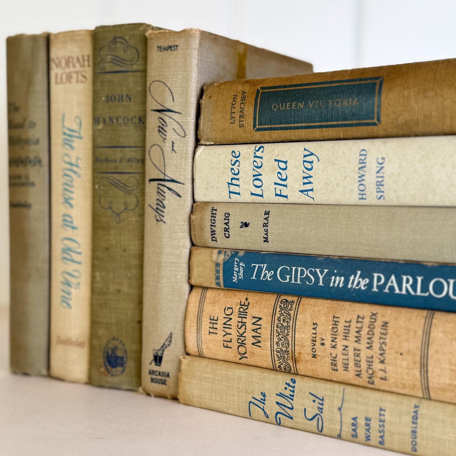 Beige, Gray, and Blue Decorative Books for Shelf Styling - Pretty Old Books