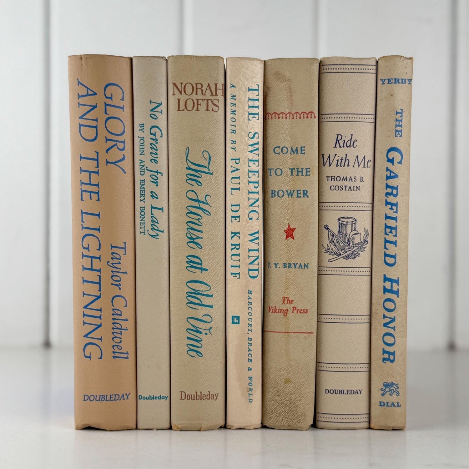 Beige Retro Decorative Books with Fun Blue - Green Lettering, 1970s Vintage Decor - Pretty Old Books