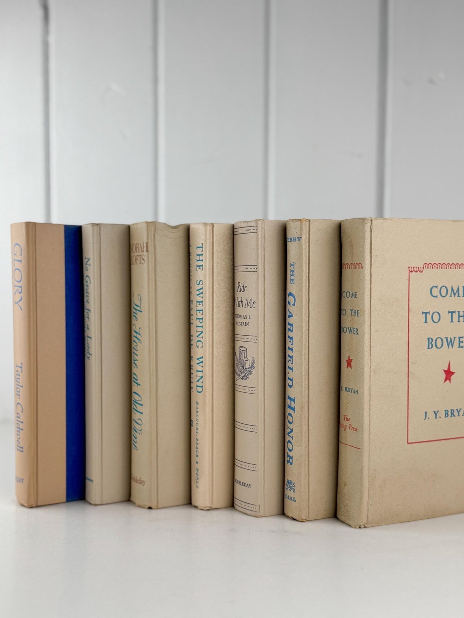 Beige Retro Decorative Books with Fun Blue - Green Lettering, 1970s Vintage Decor - Pretty Old Books