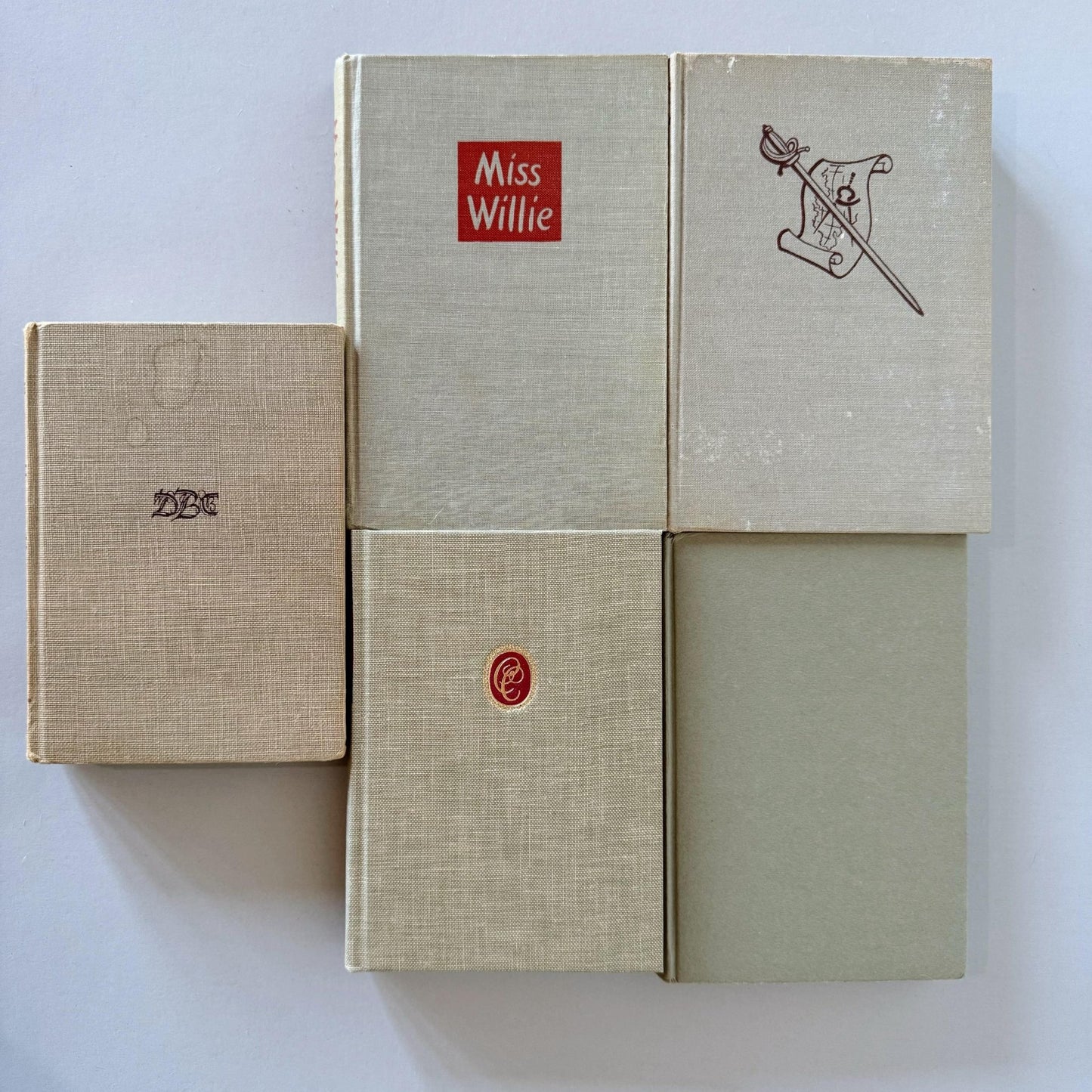 Beige Tan and Red Mid - Century Book Set for Shelf Styling, Office Decor - Pretty Old Books