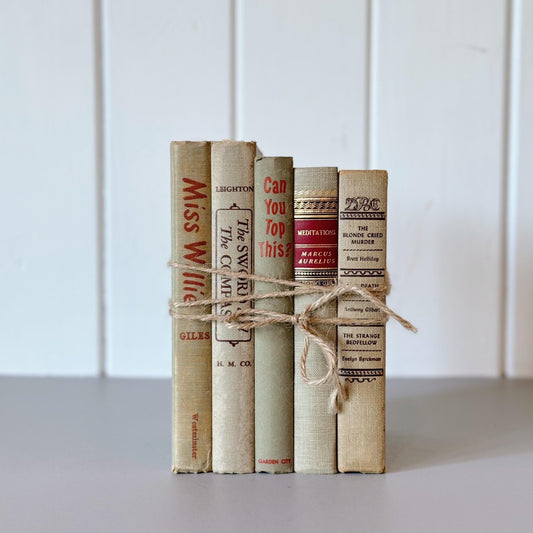 Beige Tan and Red Mid - Century Book Set for Shelf Styling, Office Decor - Pretty Old Books
