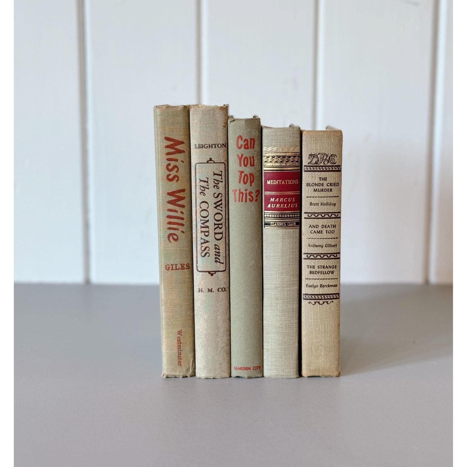 Beige Tan and Red Mid - Century Book Set for Shelf Styling, Office Decor - Pretty Old Books
