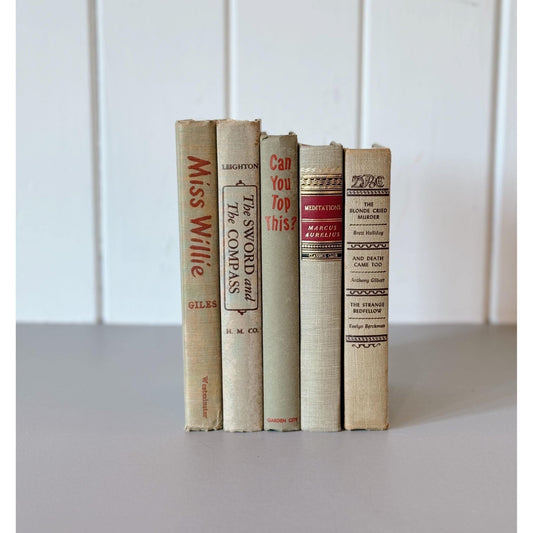 Beige Tan and Red Mid - Century Book Set for Shelf Styling, Office Decor - Pretty Old Books
