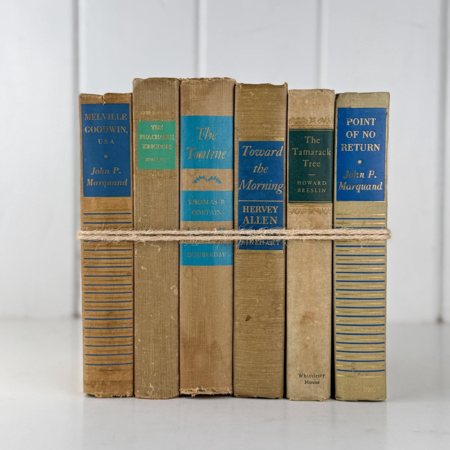 Beige Tan Blue Rustic Vintage Mid Century Book Bundle for Shelf Styling - Pretty Old Books