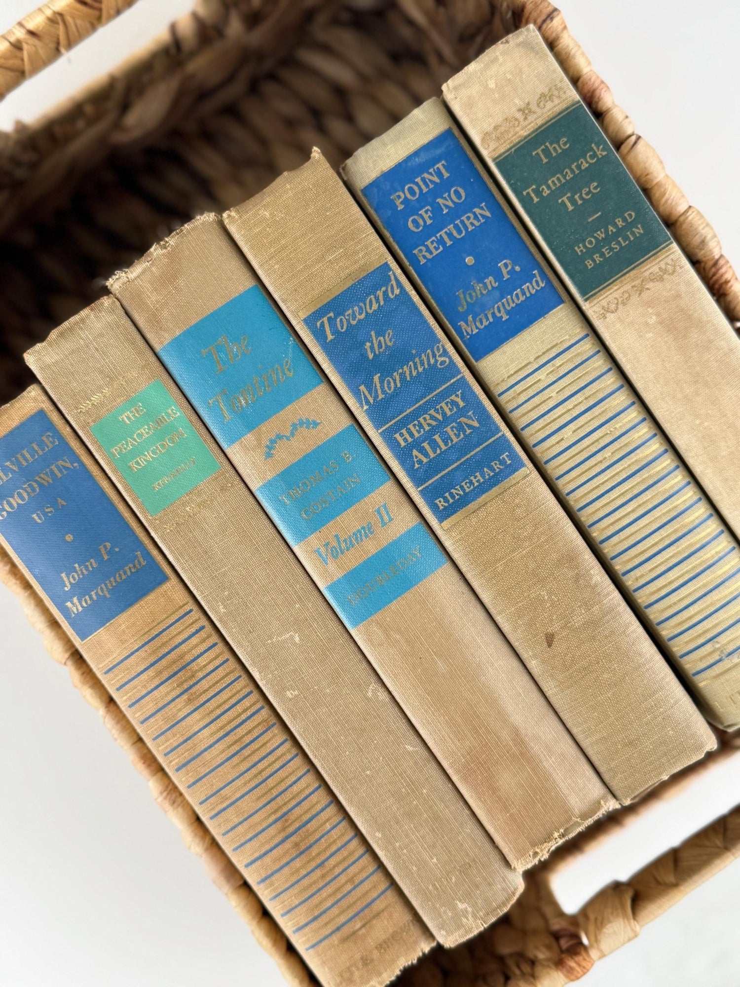 Beige Tan Blue Rustic Vintage Mid Century Book Bundle for Shelf Styling - Pretty Old Books