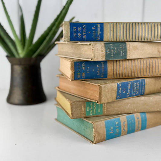 Beige Tan Blue Rustic Vintage Mid Century Book Bundle for Shelf Styling - Pretty Old Books