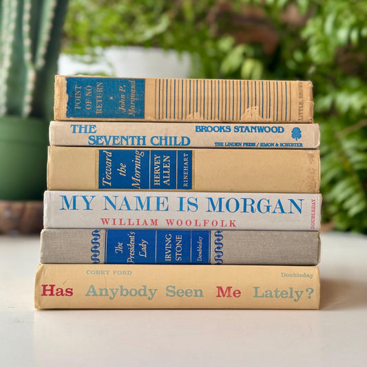 Beige Tan Cream Blue Vintage Mid Century Book Bundle for Shelf Styling - Pretty Old Books