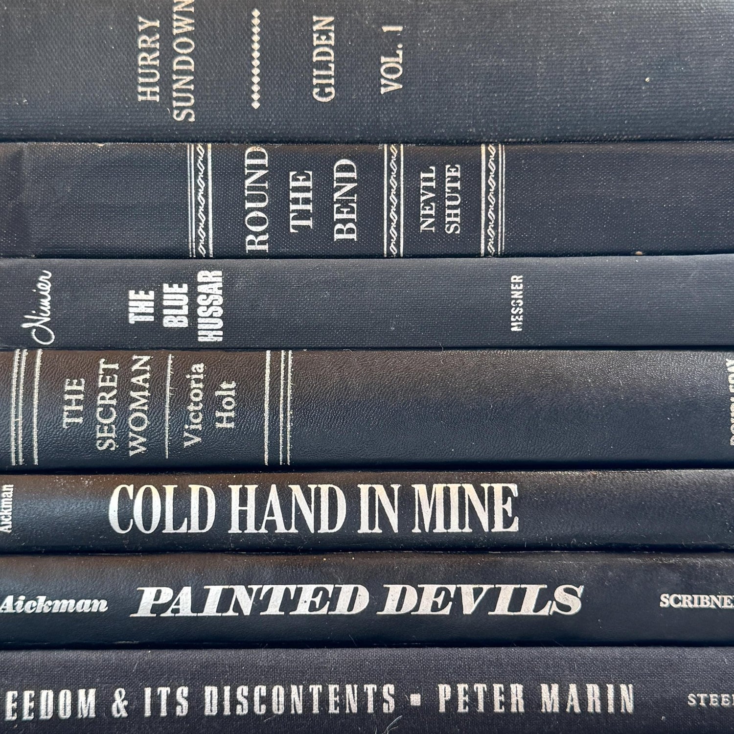 Black and Silver Vintage Books for Moody Shelf Styling - Pretty Old Books