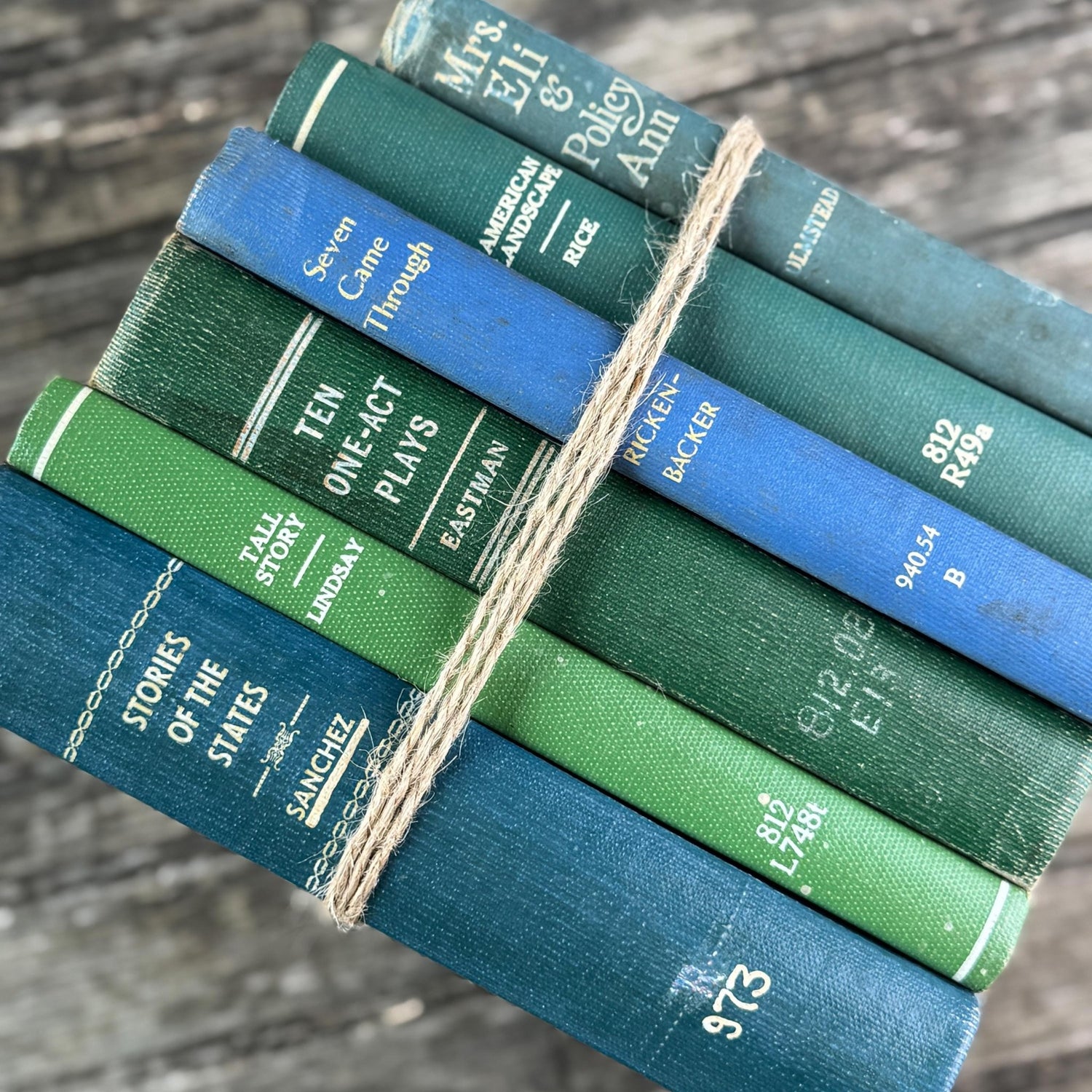Blue and Green Minimalist Vintage Books for Bookshelf Decor - Pretty Old Books