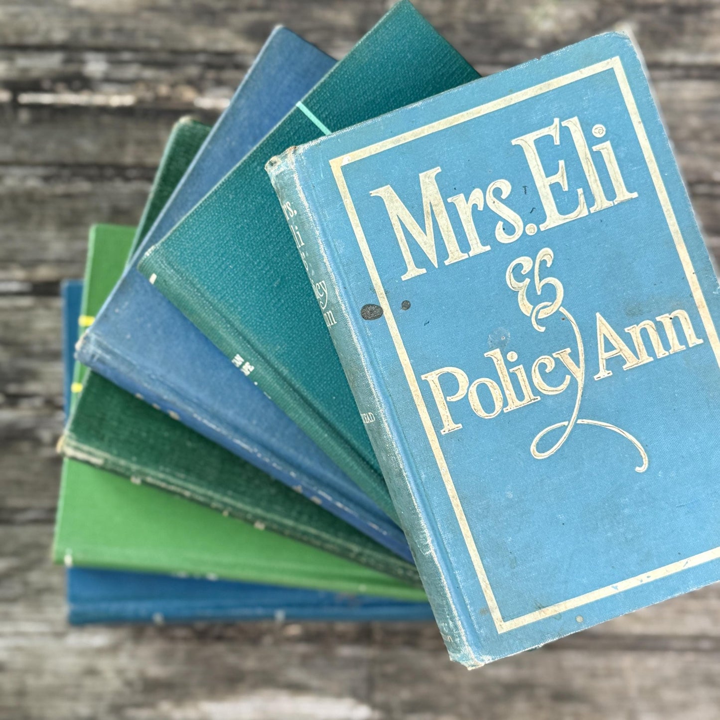 Blue and Green Minimalist Vintage Books for Bookshelf Decor - Pretty Old Books