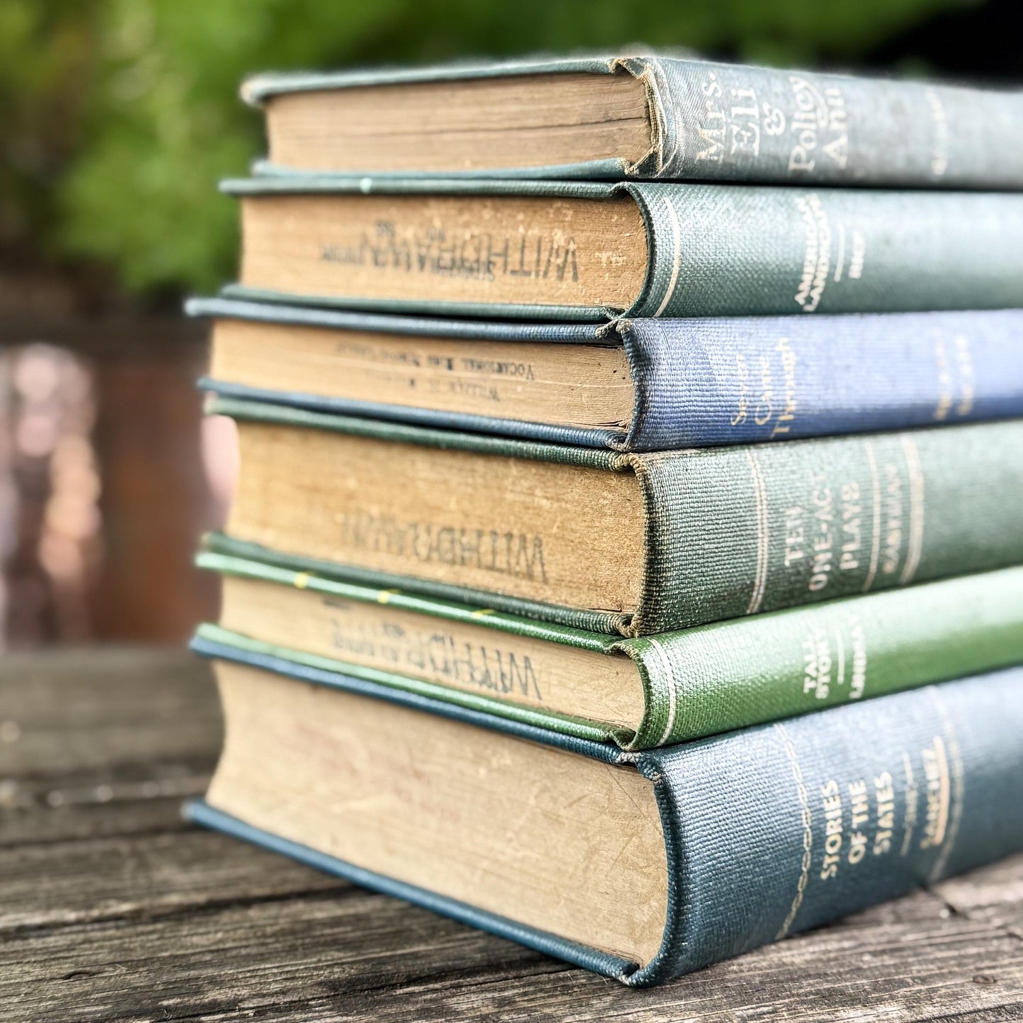 Blue and Green Minimalist Vintage Books for Bookshelf Decor - Pretty Old Books