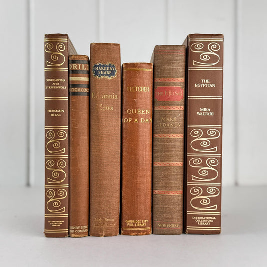 Copper, Brown, and Gold Vintage Ornate Book Bundle for Shelf Styling - Pretty Old Books