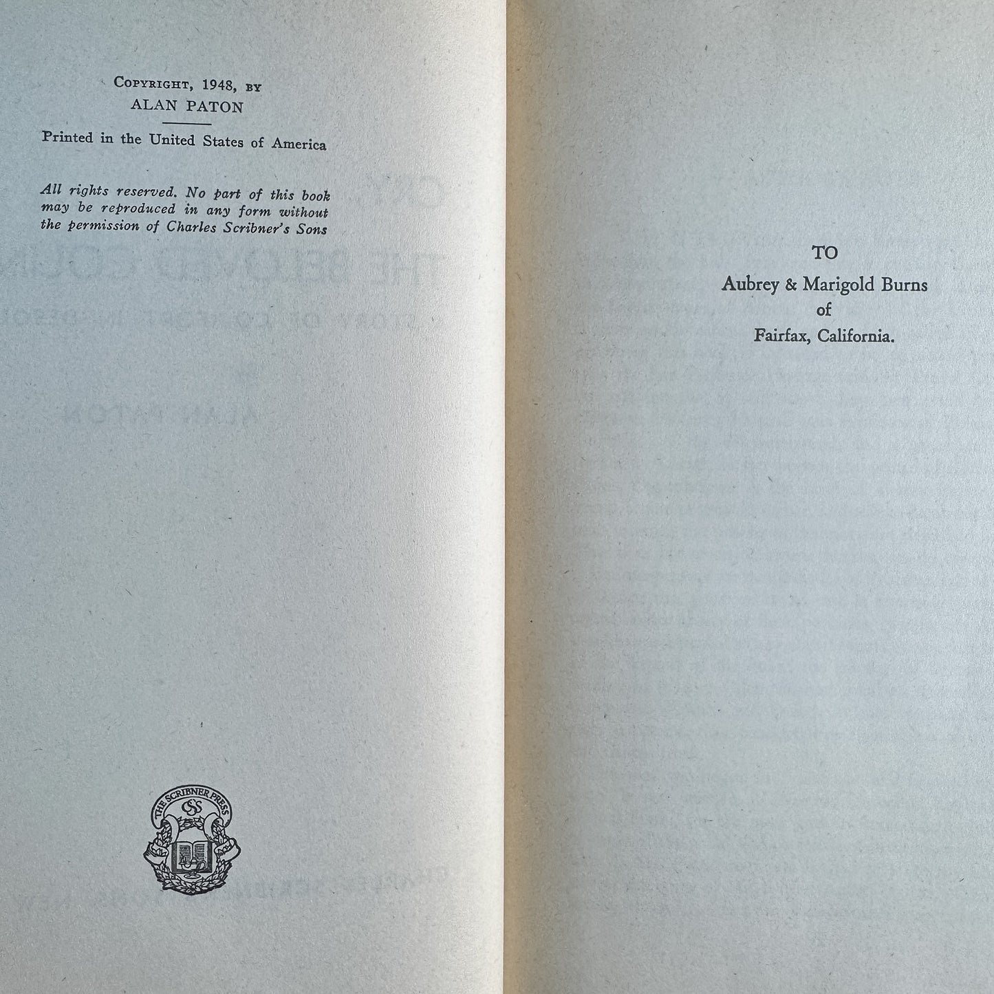 Cry, the Beloved Country, Alan Paton, 1948, Book of the Month Club Edition - Pretty Old Books