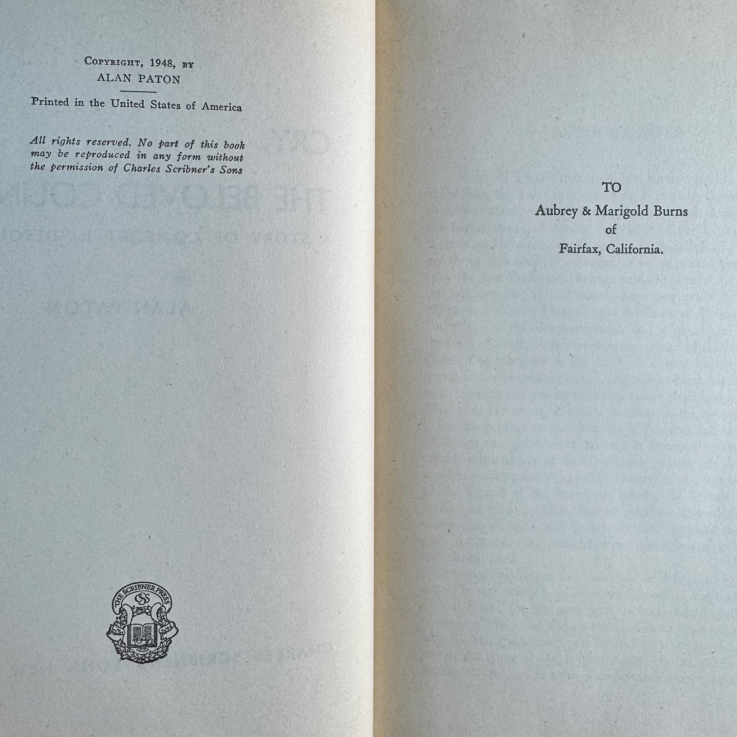 Cry, the Beloved Country, Alan Paton, 1948, Book of the Month Club Edition - Pretty Old Books