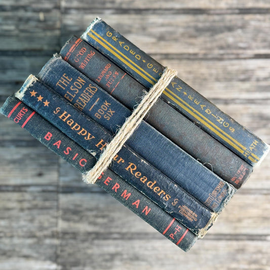 Dark Academia Vintage Schoolbook Set with Black and Navy with Orange Lettering - Pretty Old Books