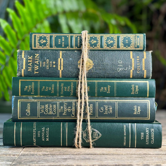 Dark Green & Gold Vintage Book Set for Academic Decor - Pretty Old Books
