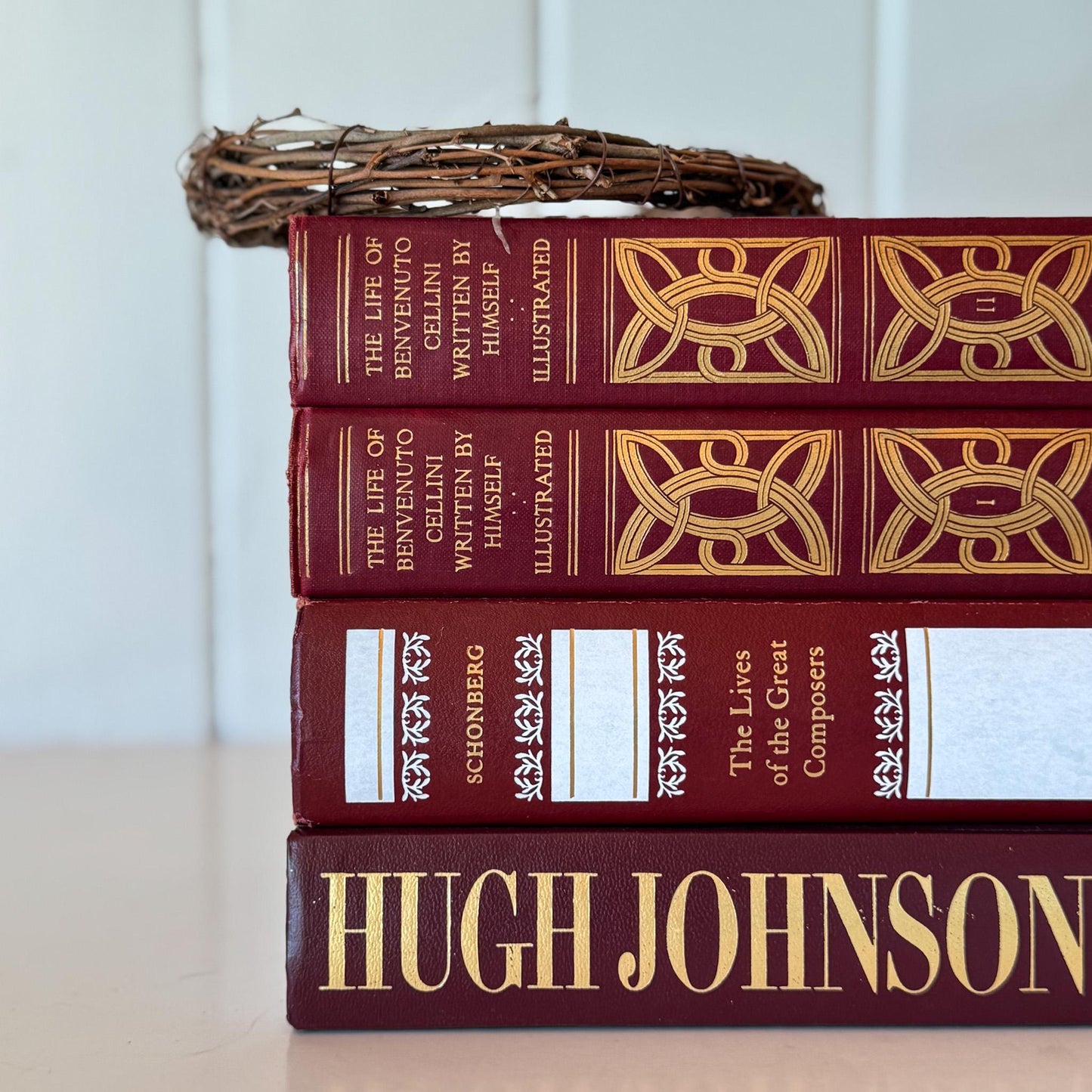 Dark Red Vintage Books For Ornate Shelf Styling - Pretty Old Books