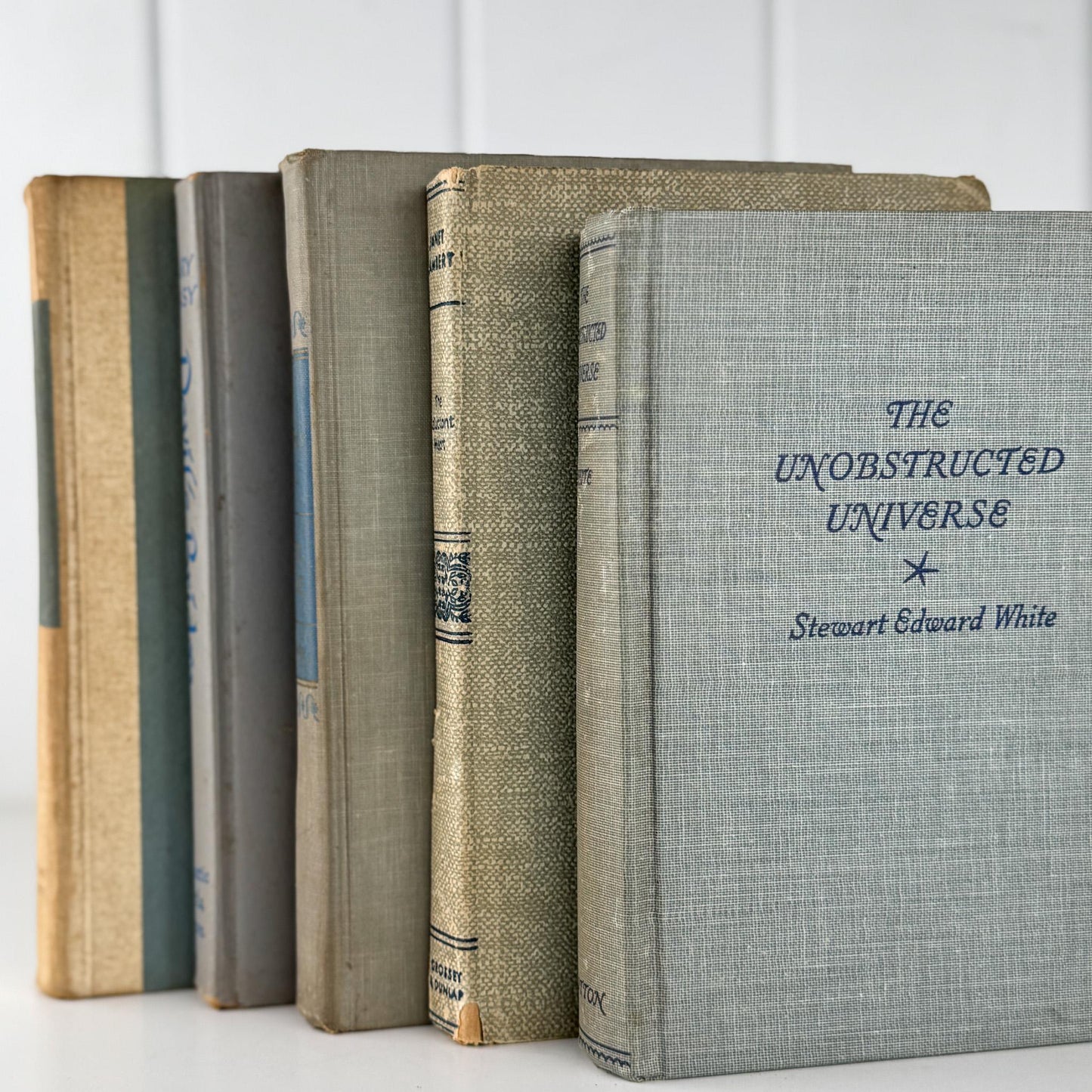 Decorative Cozy Beige, Gray, and Blue Vintage Books for Decor, Bookshelf Decor - Pretty Old Books