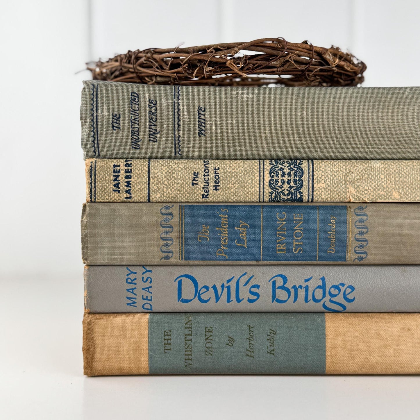 Decorative Cozy Beige, Gray, and Blue Vintage Books for Decor, Bookshelf Decor - Pretty Old Books