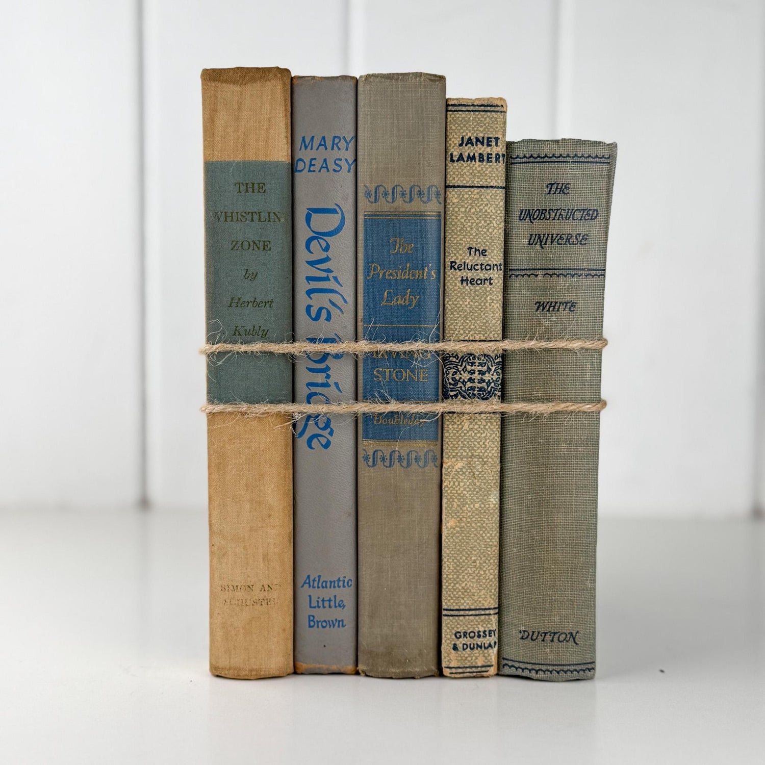 Decorative Cozy Beige, Gray, and Blue Vintage Books for Decor, Bookshelf Decor - Pretty Old Books
