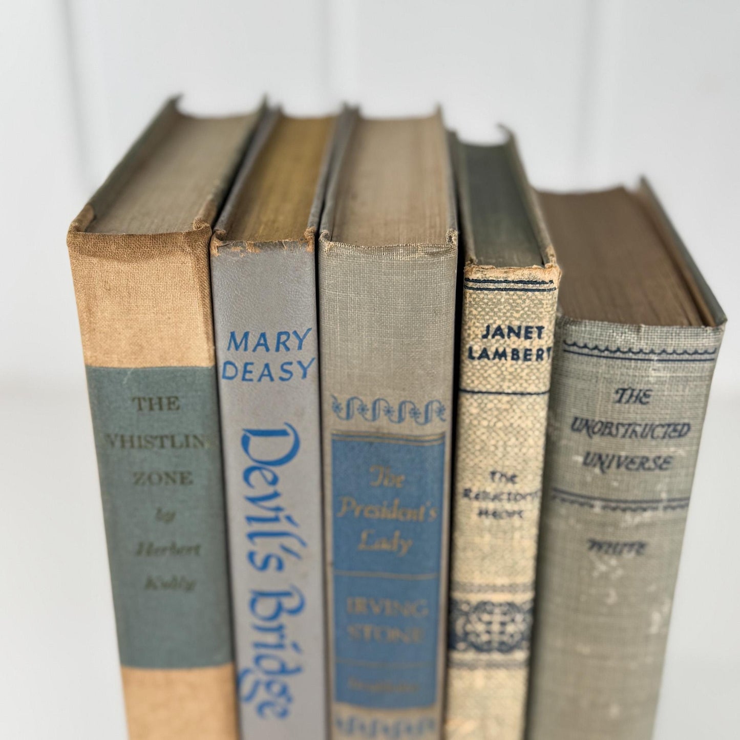 Decorative Cozy Beige, Gray, and Blue Vintage Books for Decor, Bookshelf Decor - Pretty Old Books