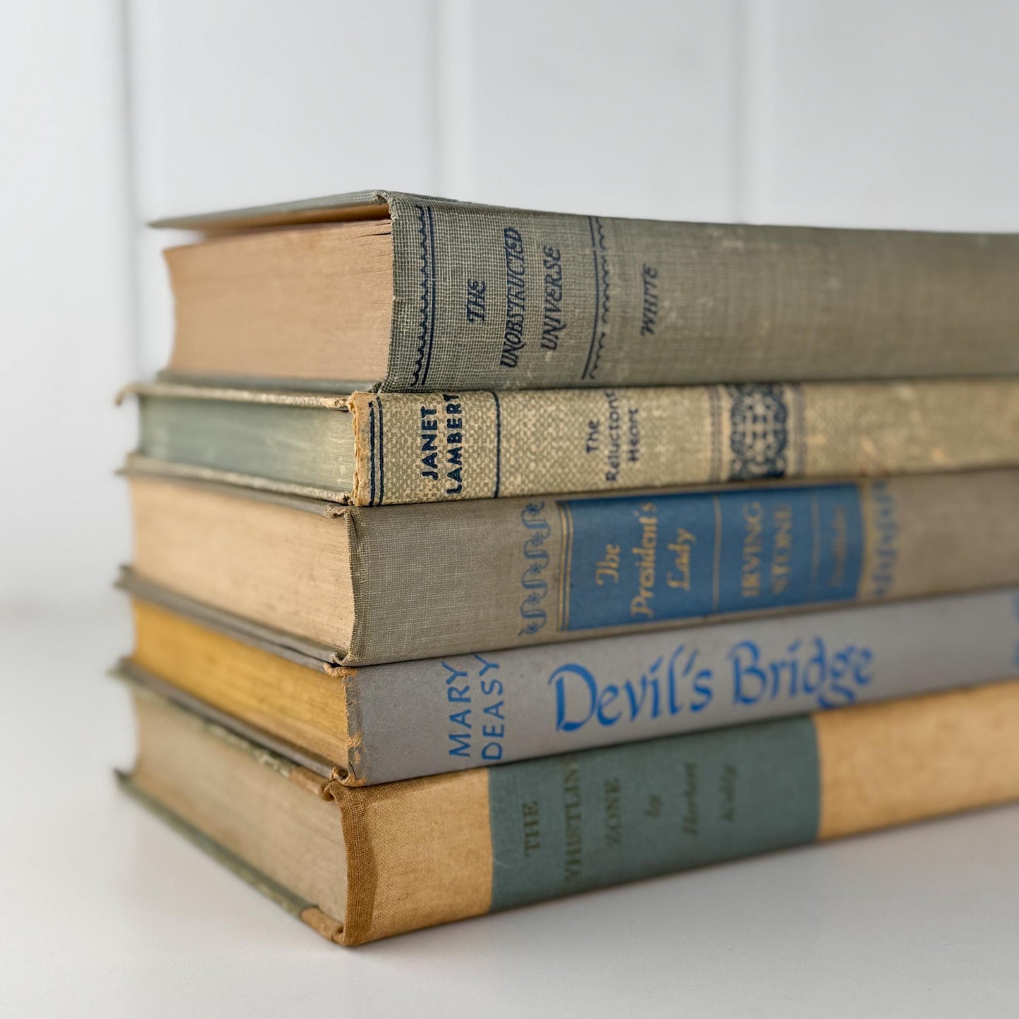 Decorative Cozy Beige, Gray, and Blue Vintage Books for Decor, Bookshelf Decor - Pretty Old Books